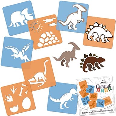 Nakleo 8 Plantillas de Dibujo para Niños - 15x15cm - Dinosaurios - Plástico Lavable Reutilizable - Juego de Plantillas para Arte y Manualidades - Pintura