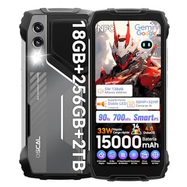 OSCAL Pilot 1 Movil Irrompible Android 14 18GB+256GB, 5W 138dB Altavoz Movil Resistente, Linterna LED Dual 170 lúmenes, 15000mAh/33W, 50MP+32MP, 6.67" 90Hz, Dual 4G SIM/NFC/OTG/GPS/Gemini Ai