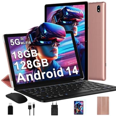 Tablet 10 Pulgadas Android 14 con 5G Wi-Fi 6, FHD Tablet con 18 GB RAM + 128 GB ROM (Ampliable a 1TB), Widevine L1, 8 Cores, BT 5.0, 6000mAh, USB-C, Tablet con Teclado + Ratón + Funda, Nero, Oro Rosa