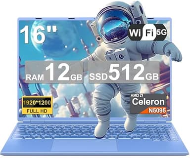Ordenador Portátil 16 Pulgadas Celeron N5095 Up to 2.9Ghz, Portátil Win 11 con 5G WiFi 12+512GB SSD Expansión 1TB, BT 4.2 Mini Puerto Multimedia Portatiles Ventilador Refrigeración 1920*1200-Azul