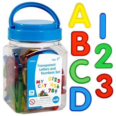 edxeducation -56500 Juego de Letras y números Transparentes - Mini Tarro - Colorido, Letras y números de plástico - Accesorio para Caja de luz - Juego sensorial