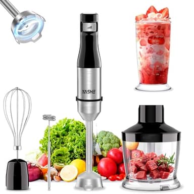 YASHE Batidora de mano, batidora de acero inoxidable 5 en 1, 1000 W, control de velocidad variable, incluye picadora, batidor de varillas, vaso medidor – ideal para alimentos para bebé, salsas y sopas