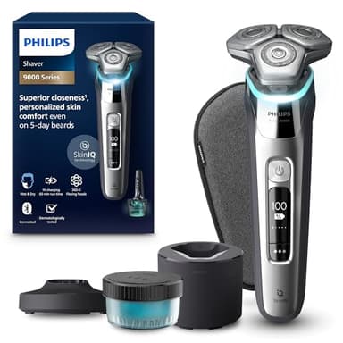 Philips Serie 9000 Afeitadora Eléctrica Hombre, Máquina de Afeitar Barba con Recortadora, 72 cuchillas, 60min de uso, En Seco y Húmedo, Recargable, Centro de Limpieza, Base Carga, S9974/55, Cromo