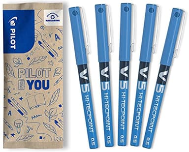 PILOT Caja de 5 V5 - Bolígrafos roller con tinta líquida - Punta de aguja Fina para Escritura Suave y Precisa - Secado rápido, antimanchas - Azul - Punta Fina (0,5mm)