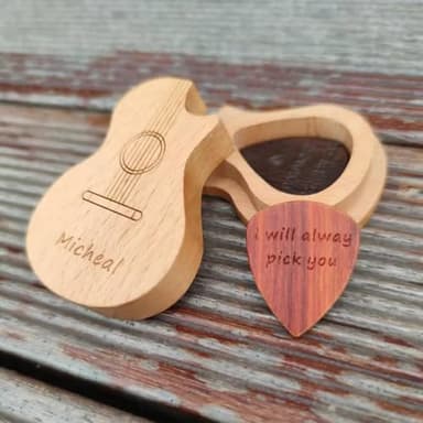 Caja y púas de guitarra personalizadas, soporte y púas de guitarra personalizables, almacenamiento de púas de madera grabadas para regalos (estilo 2)
