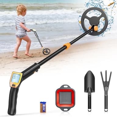 Detector de Metales Niños, Kooeuru Detector Metales Niños con Vástago Ajustable de 66 a 83 cm, Pantalla LCD Bobina de Búsqueda Impermeable, Detector de Metales para Niños con Pala Rastrillo Tamiz