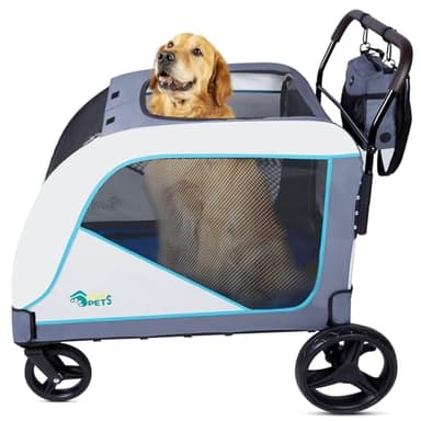 Ownpets Cochecito Extragrande para Perros Medianos y Grandes, 4 Ruedas de Goma con Frenos, Ventana de Malla, con Bolsa de Almacenamiento, Plegable, Fácil de Montar, Peso Máximo 55 Kg (Azul y Blanco)