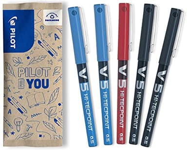 PILOT Caja de 5 V5 - Bolígrafos roller con tinta líquida - Punta de aguja Fina para Escritura Suave y Precisa - Secado rápido, antimanchas - 2 Azul, 2 Negro, 1 Rojo - Punta Fina (0,5mm)