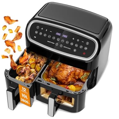 Gidgimo Freidora de Aire con Doble Cesta 10L Air Fryer, 12 Programas Automáticos, Pantalla Táctil Digital, 2800W Freidora Aire con Ventana, Max 10-12 Personas, Hasta 200 °C y 60 Min - G10 Pro