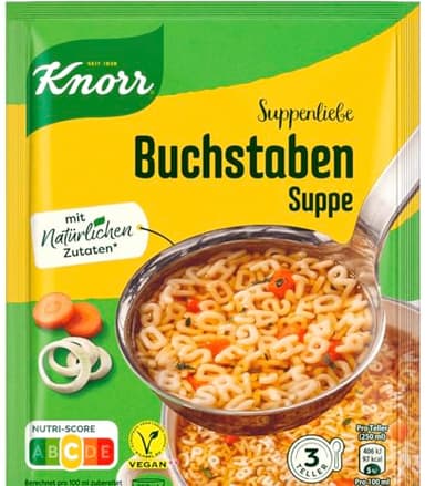 Buchstaben Suppe - Sopa alemana de preparación rápida sin aditivos, Sopa carta - 3 porciones - Mezcla lista en un instante - Compatible con Knorr Suppenliebe - 82g