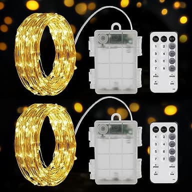 2 x 6M Luces LED Pilas, Guirnaldas de Interior 8 Modes con Temporizador, 120 LED Cadena Luces Exterior Decoración para Bodas Dormitorio Navidad Jardín Habitación Terraza Pared - Amarillo Cálido