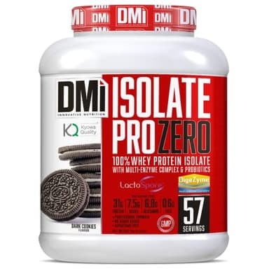 DMI Proteína ISOLATE PRO ZERO-Proteína para Recuperación y Desarrollo Muscular - 100% Aislado de proteína de suero con DigeZyme® y LactoSpore - Sin Azúcares Añadidos (2 Kg, Dark Cookies)