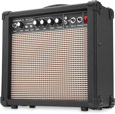 Rocktile Scream 15 Amplificador para guitarra mini combo - Amp de 15 vatios, 2 canales - Portátil, entrada AUX para MP3/CD, ecualizador de 3 bandas - Conexión para auriculares