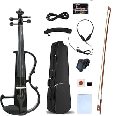 Yinfente - Violín eléctrico 4/4 de tamaño completo, silencioso, 4 cuerdas, accesorios de ébano, para estudiantes, principiantes, con funda, lazo, reposabrazos para hombro, cable de colofonia,