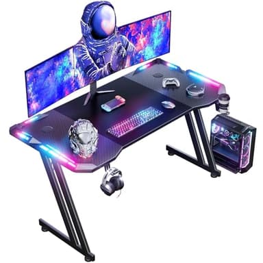 HLONONE 120 × 60cm LED Mesa Gaming, Escritorio Gaming de Fibra de Carbono Ergonómicas, Escritorio Gamer con Portavasos y Gancho para Auriculares, Negro