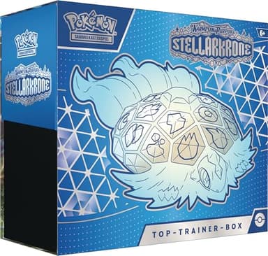 Pokémon - Juego de Cartas coleccionables: Top Trainer Box Carmesin & Purple - Corona Estelar (1 Tarjeta Promocional de Pantalla Completa, 9 Paquetes de Refuerzo y Accesorios Premium)