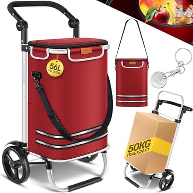 KESSER® Carro de la compra plegable con capacidad de 56 l y soporta hasta 50 kg, carretilla 3 en 1 y bolso bandolera, plegable, con compartimento frigorífico y ficha para la compra, color rojo burdeos