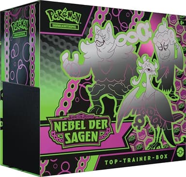 Pokémon - Juego de Cartas coleccionables: Top Trainer Box Carmesin & Purple - Nebulosa de Las Sagas (1 Tarjeta Promocional de Pantalla Completa con máscara Verde, 9 Paquetes de Refuerzo (Alemana)