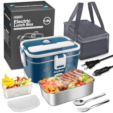 Anykuu 100W Fiambrera Electrica 1.8L 3 en 1Tartera Eléctrica Cuenco eléctrico Portatil 12V/24V/220V para Coche Camión y Trabajo Fiambrera Térmica con Bolsa Térmica Acero Inoxidable Cubiertos