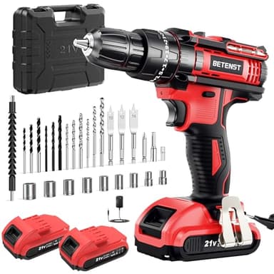 Taladro Percutor Bateria 21V, Taladro Atornillador 42N.m con 2x2.0Ah Baterías, 25+3 Ajuste, 30 Accesorios, Portabrocas de 10mm Para Hogar, Bricolaje