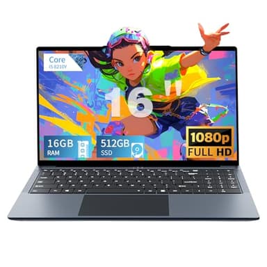 Ordenador Portátil de 16 pulgadas, portátil Core i5-8210Y procesador 16 GB RAM 512 GB SSD, Laptop FHD 1920 * 1080 con RJ45, tipo C, USB 3.0, Bluetooth 5.0, teclado digital retroiluminado PC portátil