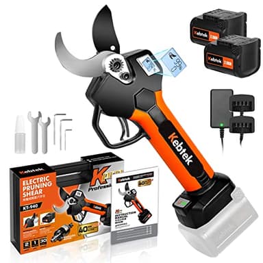 Kebtek Tijeras de Podar Electricas Bateria Profesional 40MM, 18V Motor Sin Escobillas 2 Batería de litio Recargable, Pantalla LCD, Para Poda De Ramas De Árboles (KT940)