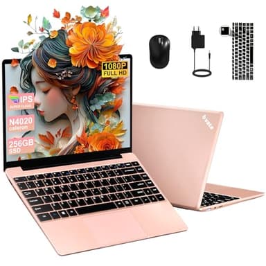 Ordenador Portátil 14 Pulgadas 6GB+256GB SSD N4020(Hasta 2.8Ghz) Win 11 Laptop PC 1920x1080 FHD Dual WiFi BT 4.2 Soporta 1TB SSD Expansión con Ratón Inalámbrico para Trabajo-Estudio-Aprendizaje-Oro