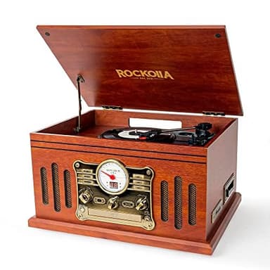 ROCKOLLA - Tocadiscos de Vinilo Bluetooth, Altavoces Incorporados, 3 Velocidades, Reproducción de Discos de Vinilo LP, Radio FM, Casete, CD, MP3 USB y Tarjetas SD, Grabadora (Monarch)