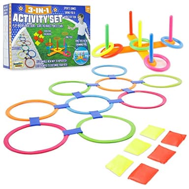 Juegos Infantiles Set de Juegos Exterior Niños con Accesorios, Cuerda, Sacos, Juego de Lanzamiento y Equilibrio, Rayuela, Juegos Aire Libre para Fiestas Cumpleaños Infantiles (Set 3 en 1)