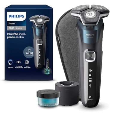 Philips Shaver serie 5000, afeitadora eléctrica Wet & Dry con tecnología SkinIQ, cortapatillas desplegable, estuche de viaje, Quick Clean Pod, azul eléctrico, modelo S5889/50