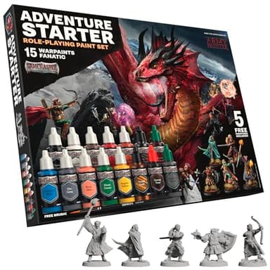 The Army Painter, GameMaster Adventure Starter Paint Set, 15 x 18 ml Pinturas Acrilicas incl. 1 Imprimación, 5 Miniatures y 1 Pincel - Pintura Miniatura para D&D & Warhammer Figuras