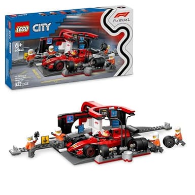 LEGO City Parada en Boxes de F1 y Equipo de Mecánicos con Coche Ferrari de Juguete, Regalo de Pascua para Niños y Niñas de 6+ Años, Maqueta de Vehículo de Fórmula 1 con Minifigura de Piloto 60443