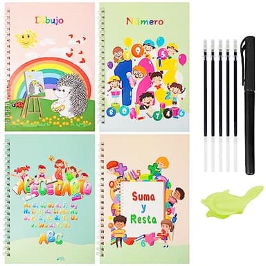 TOUVE 4 Piezas Libros Mágicos de Caligrafía para Niños, Cuadernos en Español, para Aprender a escribir