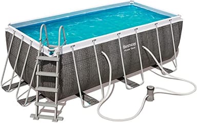 Piscina Bestway 56722 Power Steel 412 x 201 x 122 cm, escalera de seguridad y dosificador químico Chemconnect, efecto ratán gris