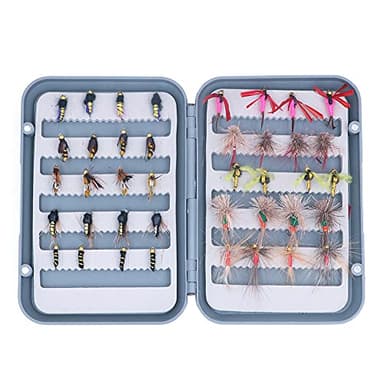 ANCLLO Kit de 40 moscas de pesca con mosca con caja, moscas secas y húmedas, ninfas, serpentinas para pesca de lubina, salmón, trucha, pesca