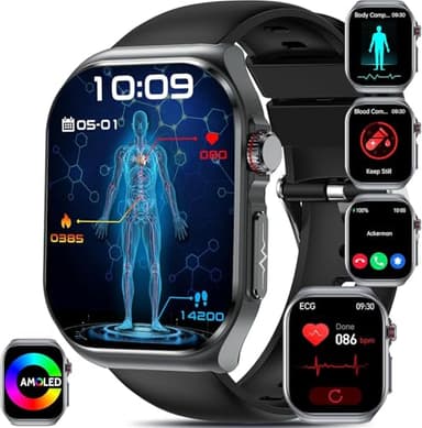 YYKY 2025 ECG Reloj Inteligente con 𝐆𝐥𝐮𝐜𝐞𝐦𝐢𝐚/Ácido Úrico/Lípidos, 2.04" AMOLED Smartwatch con BMI/Fatiga/Emociones, 24/7 Temperatura Corporal, Presión Arterial, Sueño para Android iOS