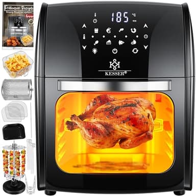 KESSER® XXL Airfryer - Freidora de aire caliente, 9 en 1, parrilla giratoria, deshidratada, microondas, libro de recetas, pincho para barbacoa, 1800 W, sin grasa, 8 programas, incluye accesorios