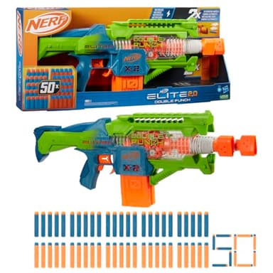 Nerf Elite 2.0 - Lanzador Double Punch motorizado - 50 Dardos - 2 Clips de 10 Dardos - A Partir de 8 años