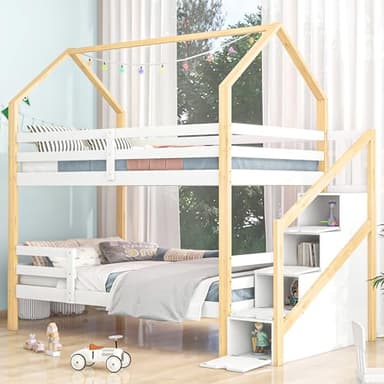 KecDuey Cama infantil de 90 x 200 cm de madera de pino litera, cama con escalera, armario de escalera y somier sin colchón