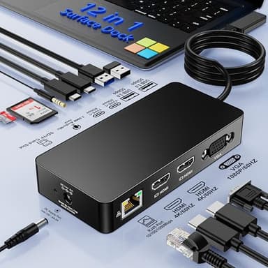 Surface Dock 12 en 1 Surface Pro Docking Station Triple Pantalla (Doble 4K HDMI+VGA), Microsoft Surface Dock Accesorios para Surface Pro 11/10/9/8/X/7/6/5/4/3,Laptop 7/6/5/4/3/2/1,Book Laptop Go 3/2/1