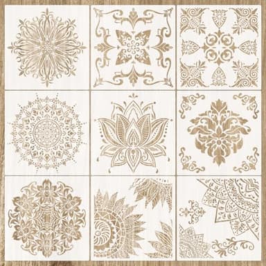 Suxtop 9 Piezas Mandala Plantillas de Pintura Grandes Mandala Stencils Kit Reutilizables Plantillas de Mandalas para Pintar Plástico Plantillas Dibujo de Mandala para Mueble Pared Madera Tela(30x30CM)