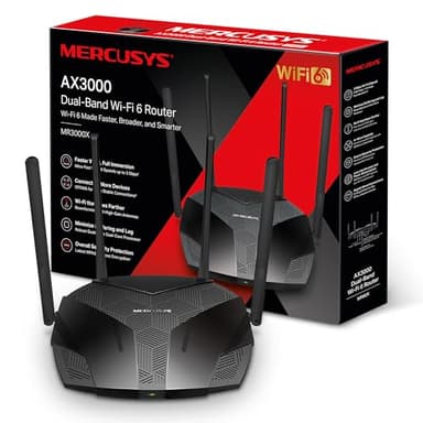 Mercusys 6 enrutadores WiFi de 3000 Mbps, router WiFi de doble banda, 4 puertos Gigabit RJ45, 4 antenas de 5 dBi, MU-MIMO, WPA3, conexión inteligente, control parental, tecnología de color BSS