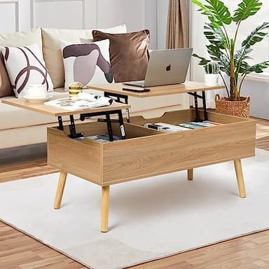 VOWNER Mesa de Centro, Mesa de Centro Regulable en Altura, Extraíble, Extensible, Compartimento de Almacenaje Oculto Independiente, Tablero Elevable Doble, Mesa de Sofá de Salón, Color Madera