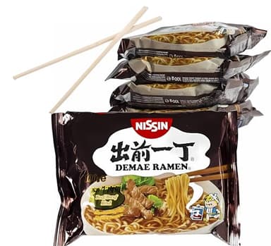 Nissin Ramen Noodles Instantáneos, Sabor Ternera - [5 x 100g] + Palillos Chinos - Fácil Preparación, Auténticos Noodles Japoneses - Pack Laborawi