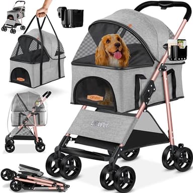 LOVPET® carro para perros 2 en 1, cochecito para perros caja para perros, bolsa de transporte plegable, hasta 20 kg, cochecito para mascotas con ventanas de malla y cubierta de protección Gris claro