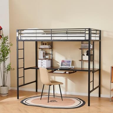 Cama Alta con Estructura De Metal Y Escritorio Incorporado, Litera Individual con Estantes Dobles Y Barandillas De Seguridad, Cama Entrepiso para Uso De Estudiantes Y Oficinas En El Hogar