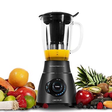 Cecotec Batidora de Vaso Power Black Titanium 2500MAX Smart. 2500W Maxima Potencia, Jarra Termorresistente 1,8L, 3 Programas, Cuchilla de 6 Hojas, Recubrimiento de Titanio Negro, Filtro Licuados