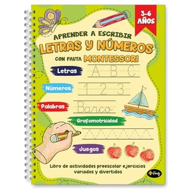 Finoly Cuaderno Aprender a Escribir Letras y Números Pauta Montessori | Niños 3 a 6 años Libro Caligrafía Preescritura Lectoescritura Actividades y Ejercicios: Letras Números Palabras Grafomotricidad