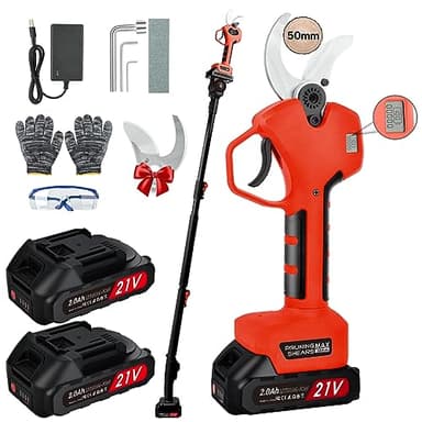 Tijera de Podar Electricas de 50mm con Telescópica Pértiga: Tijeras de Podar Bateria Profesional con 2 Baterías de 21V/2000 mAh-Podadora Eléctrica con pantalla LCD para Jardinería,Olivos Ramas(Rojo)