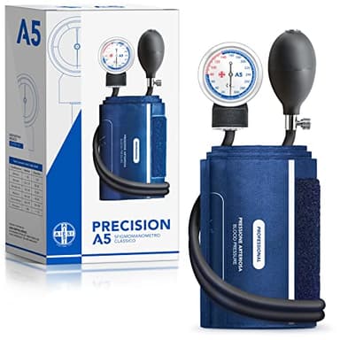 AIESI® Esfigmomanometro Manual Profesional Aneroide Tensiómetro modelo clasico con brazalete de nylon para adultos PRECISION A5, Garantía 24 meses